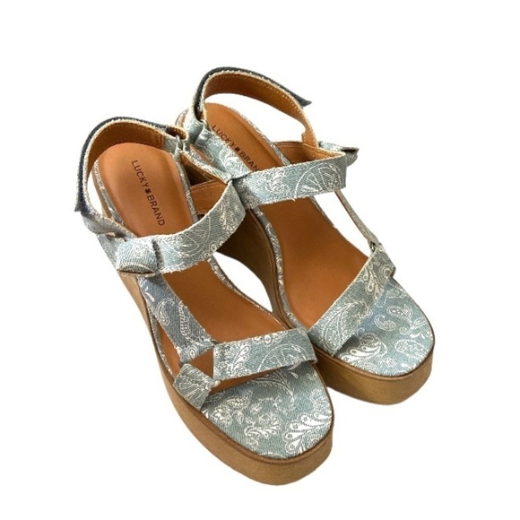 Lucky Brand sandals wedges Demmia acid denim hazy paisley NEW size 10 mushrooms - Picture 2 of 10